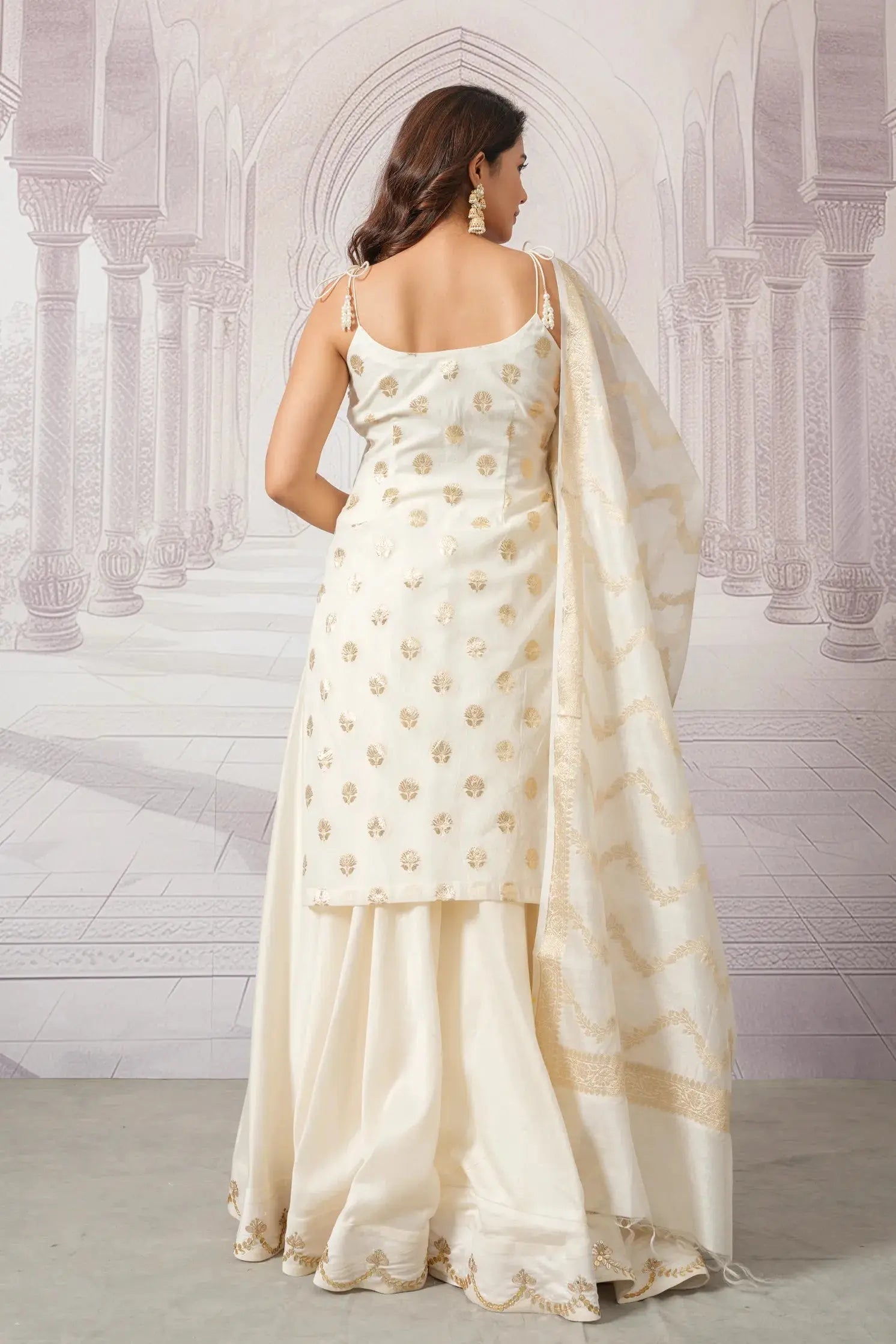 Cream Chanderi Skirt and Brocade Kurta Set with Handcrafted Zari Border The House of Indu