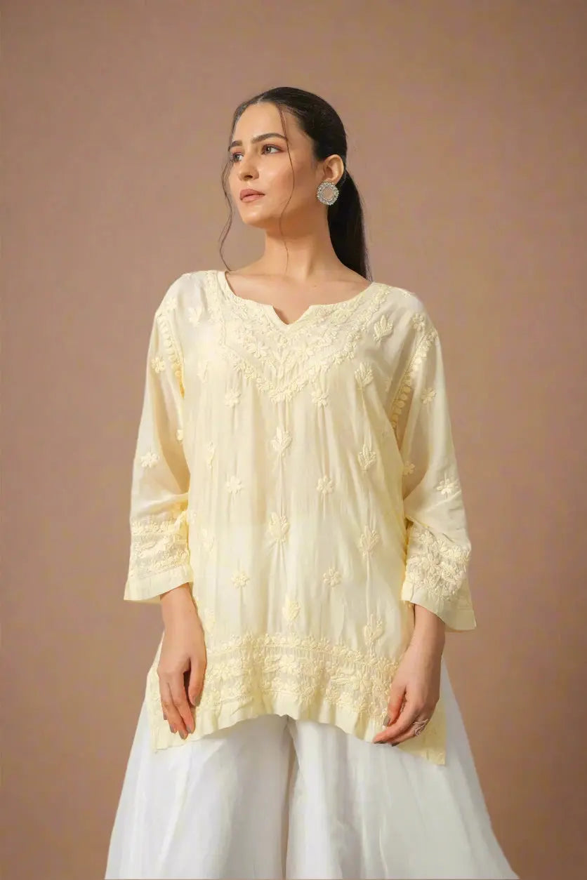 Cream Chikankari Muslin Short Short Kurta The House of Indu