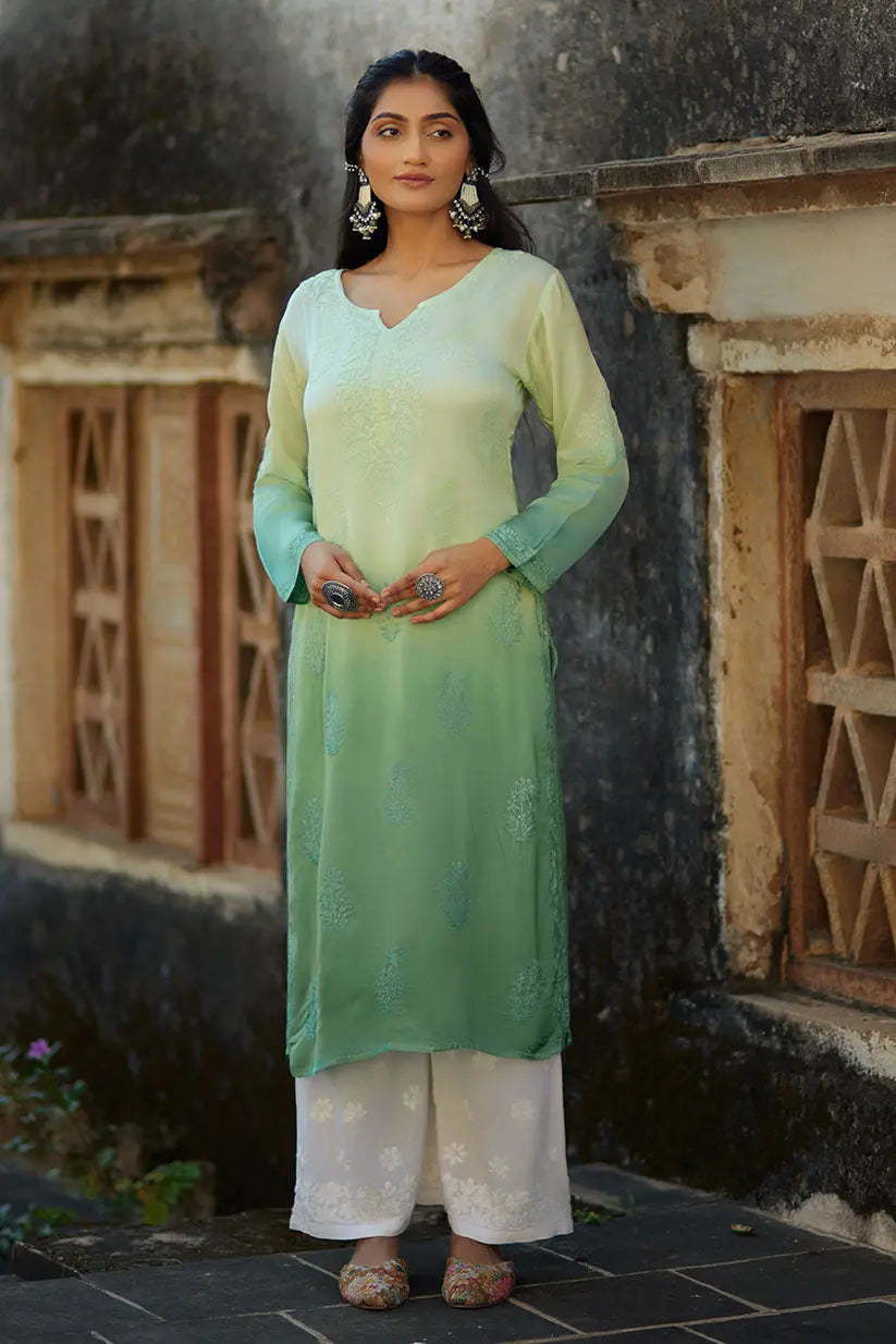 Green Ombre Straight Kurti With Chikankari Embroidery | Saadgi The House of Indu