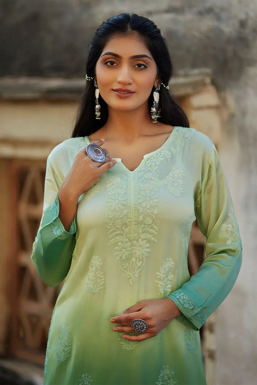 Green Ombre Straight Kurti With Chikankari Embroidery | Saadgi The House of Indu