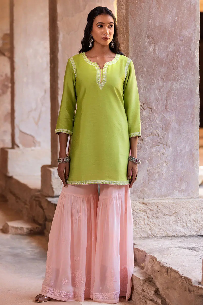 Green Short Kurti With Silk Embroidery | Saadgi The House of Indu