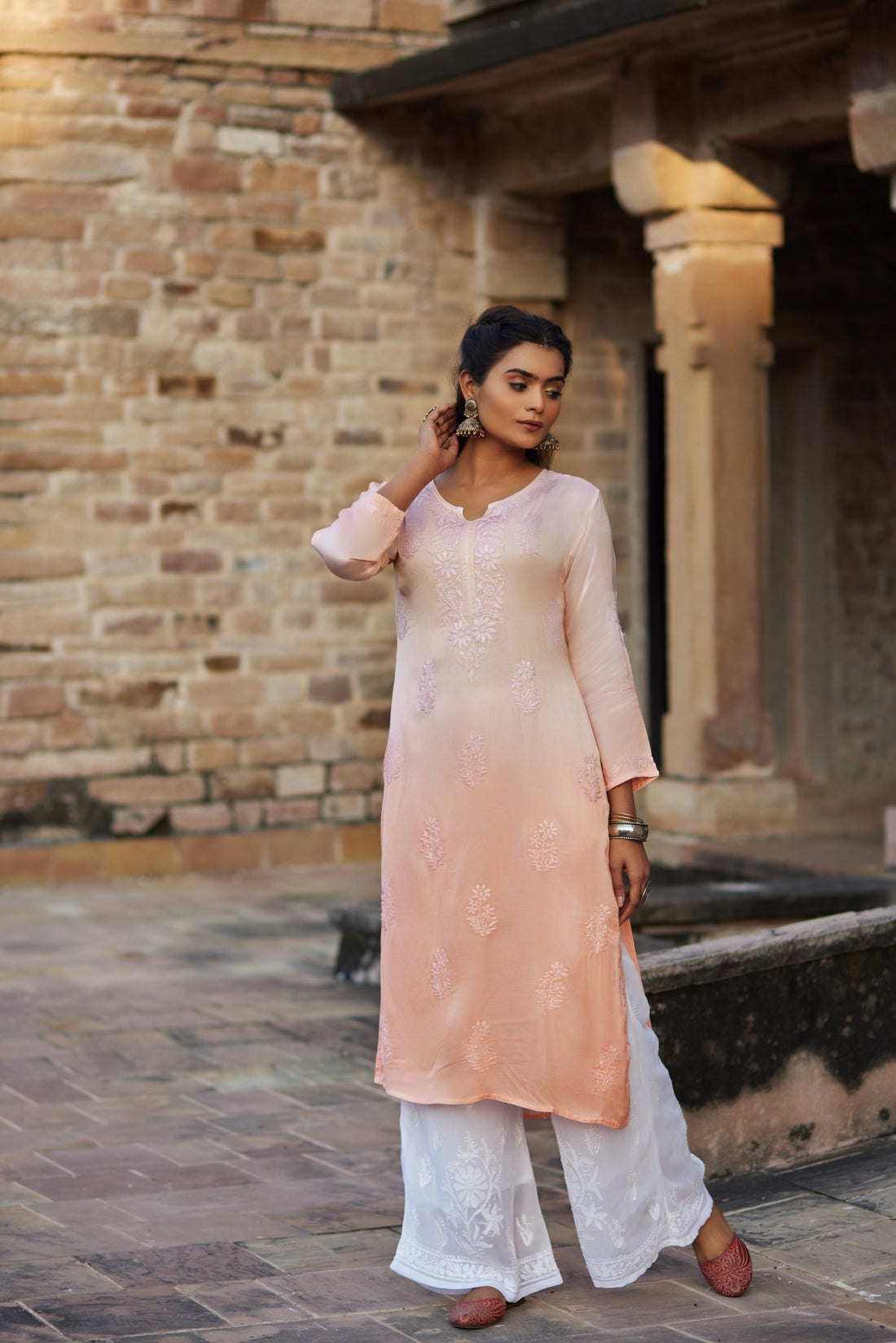 PEACH OMBRE STRAIGHT KURTI WITH CHIKANKARI EMBROIDERY | SAADGI