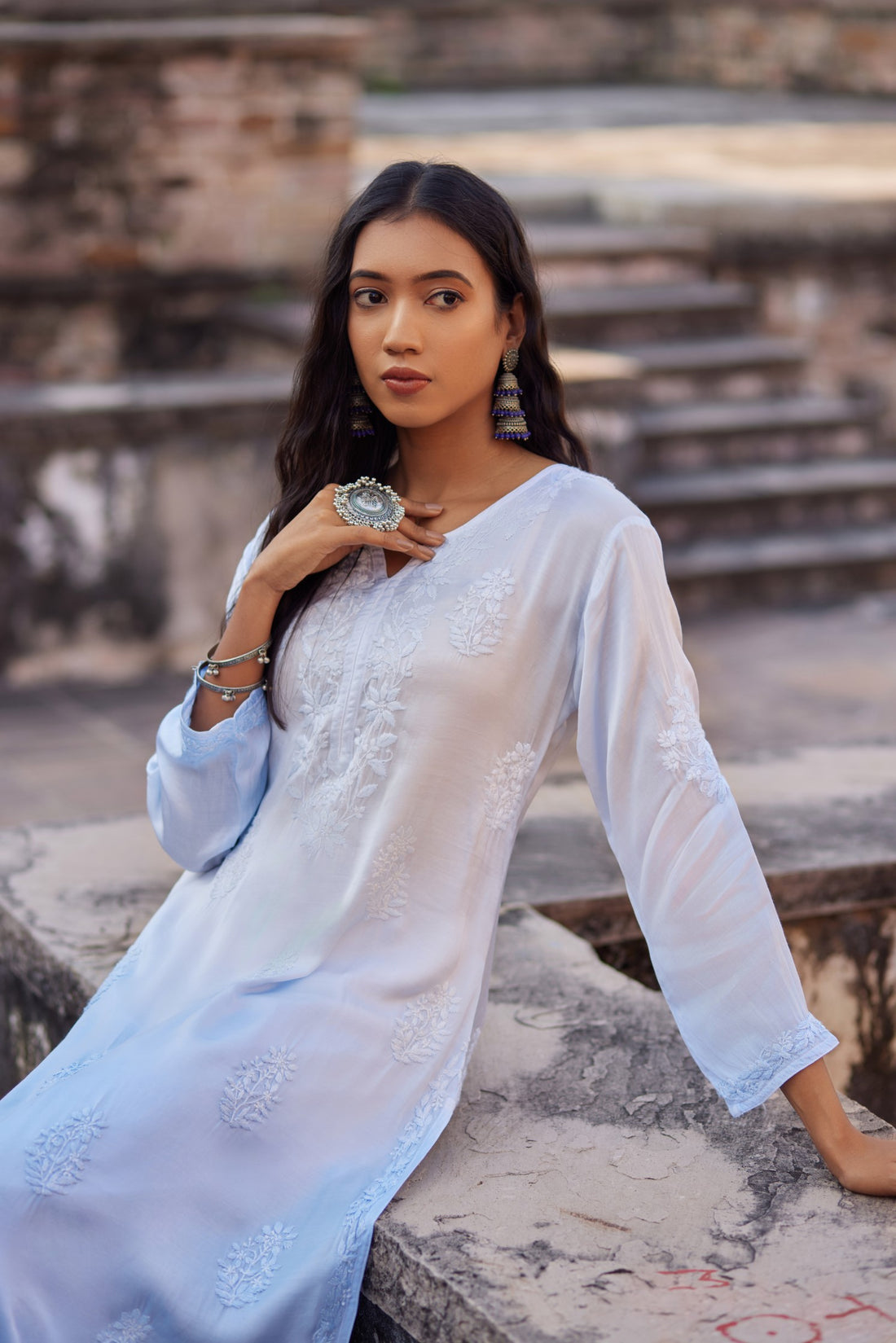 BLUE OMBRE STRAIGHT KURTI WITH CHIKNAKARI EMBROIDERY | SAADGI