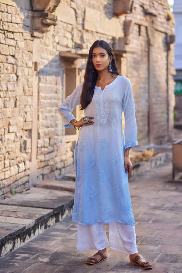 BLUE OMBRE STRAIGHT KURTI WITH CHIKNAKARI EMBROIDERY | SAADGI