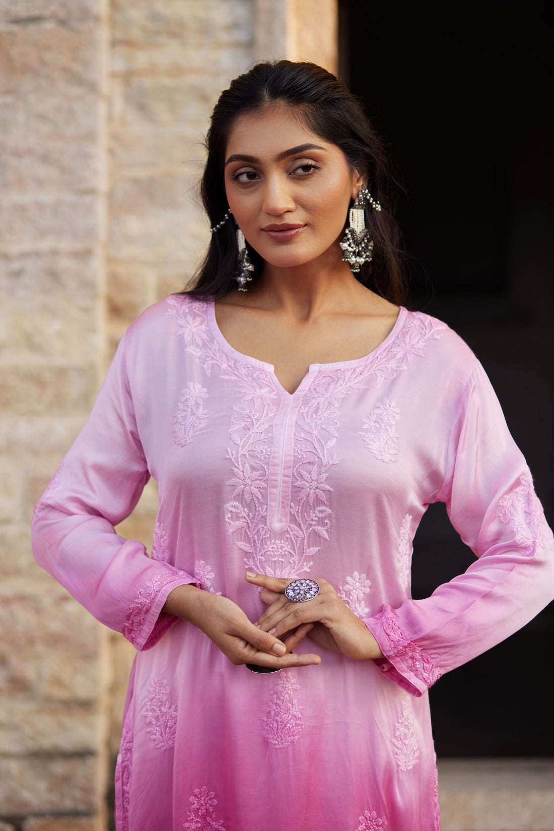 PINK OMBRE STRAIGHT KURTI WITH CHIKANKARI EMBROIDERY | SAADGI