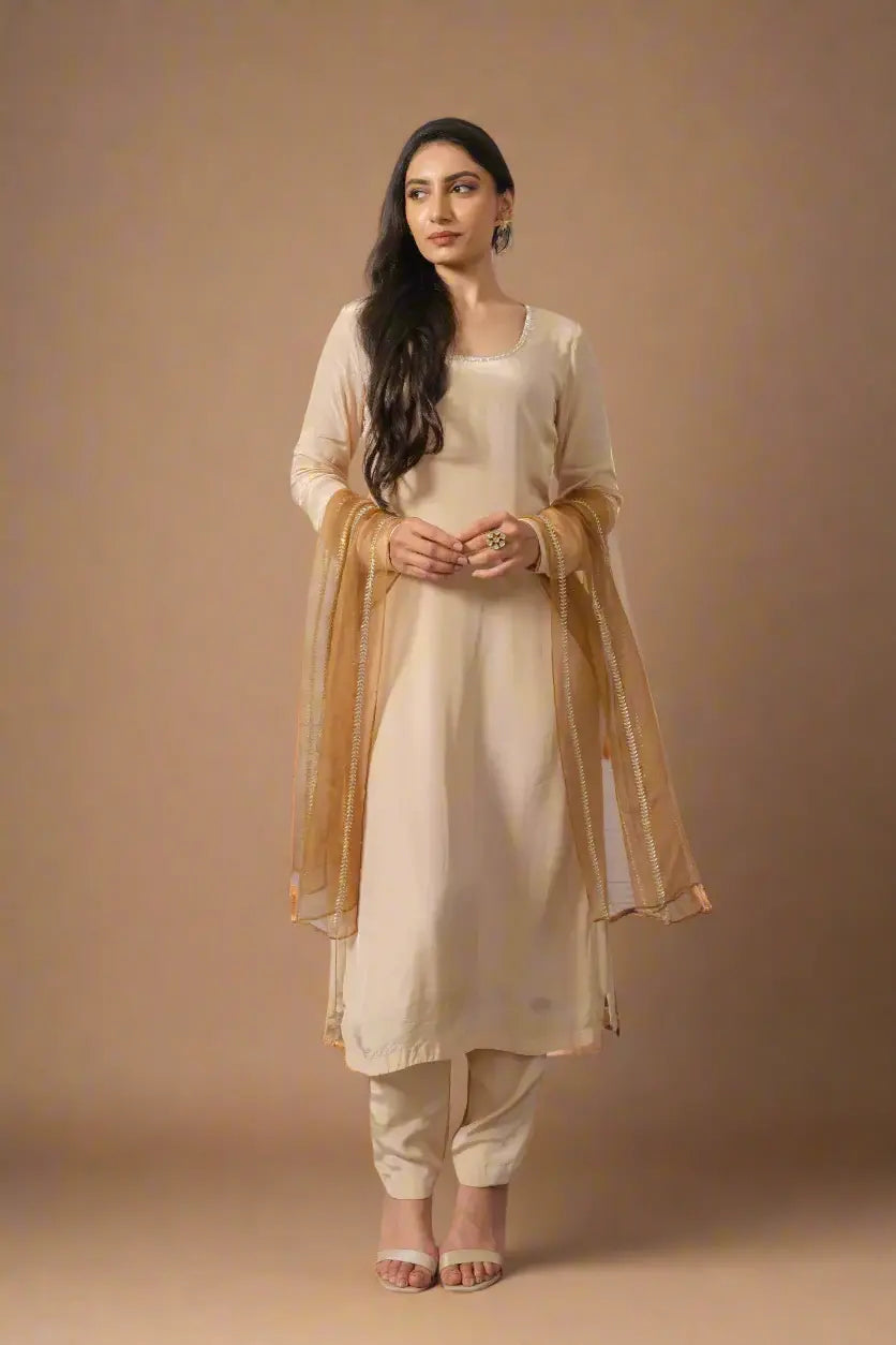 Latte Brown Full Sleeves Kurta Pant Set with Organza Dupatta and Cut Dana Work The House of Indu