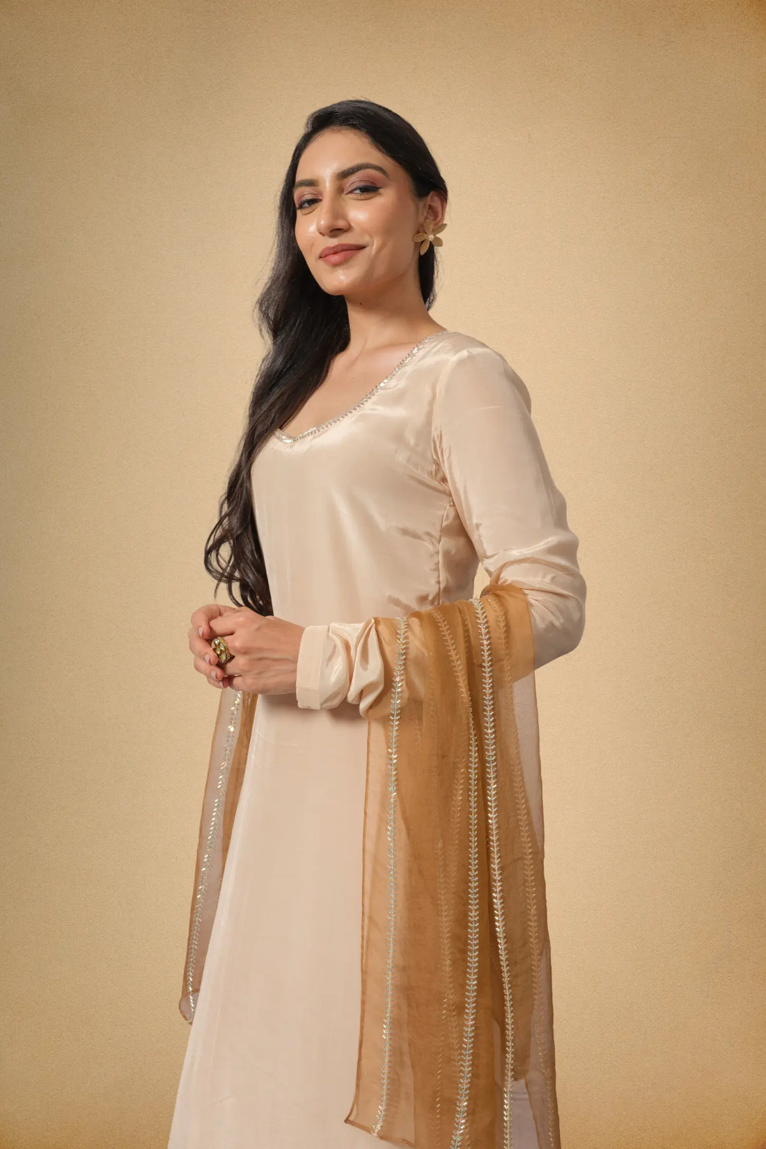 Latte Brown Full Sleeves Kurta Pant Set with Organza Dupatta and Cut Dana Work The House of Indu