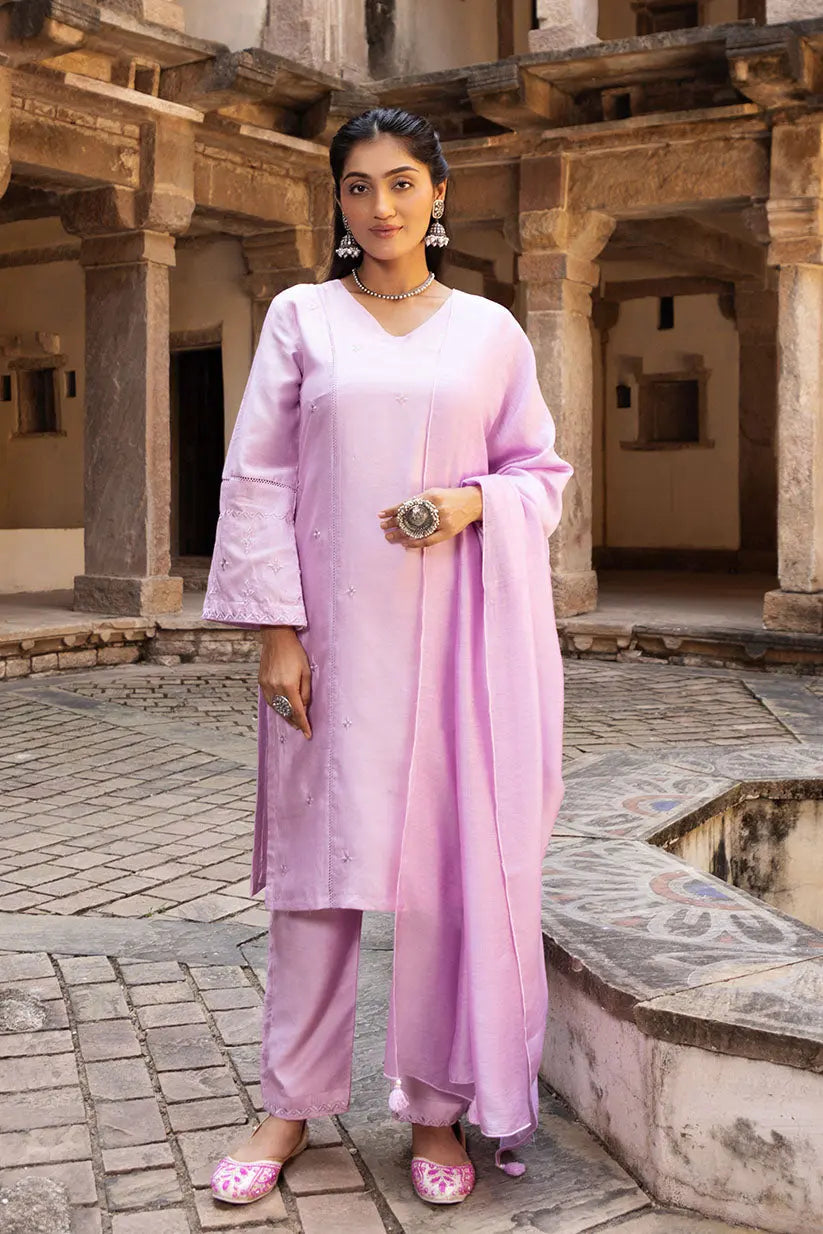 Lavender Kurti Set With Machine Embroidery And Flare Sleeves | Saadgi The House of Indu