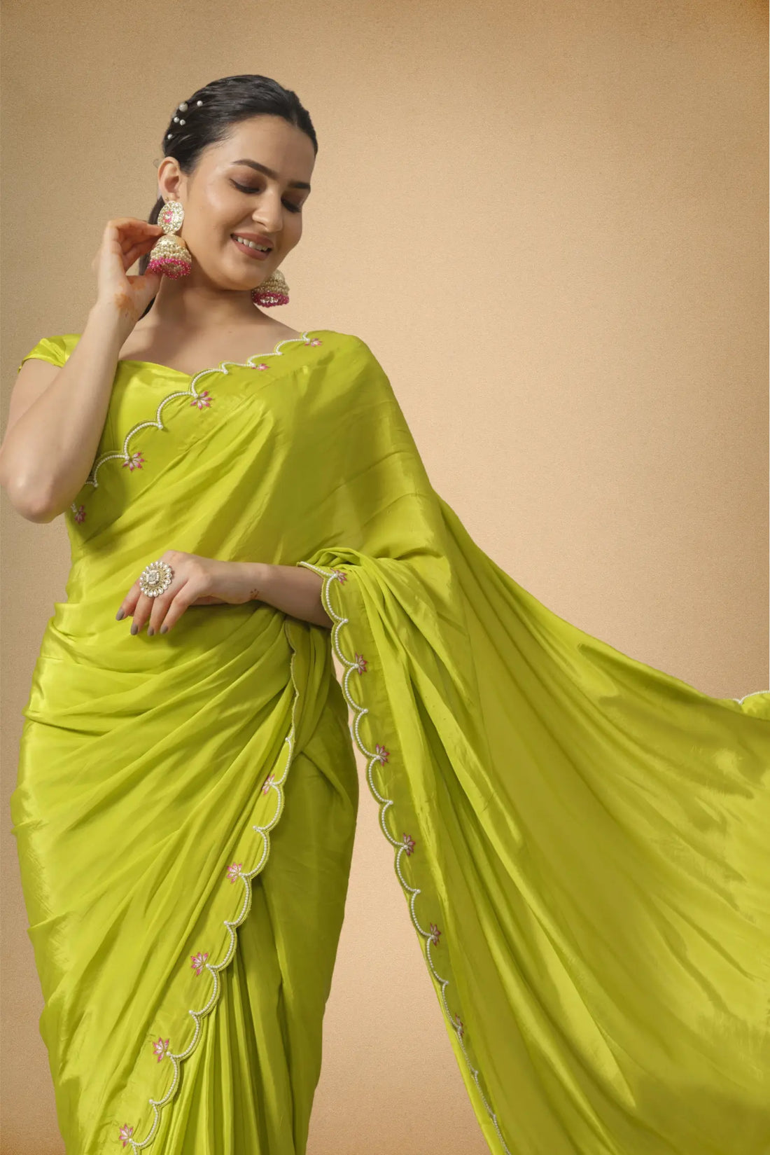 Lime Green Crepe Saree with Scalloped Border and Hand-Embroidered Lotus Motifs The House of Indu