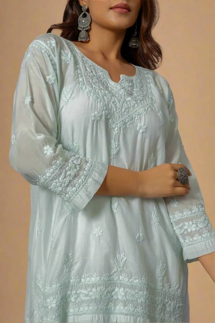 Mint Green Chikankari Muslin Short Kurta The House of Indu