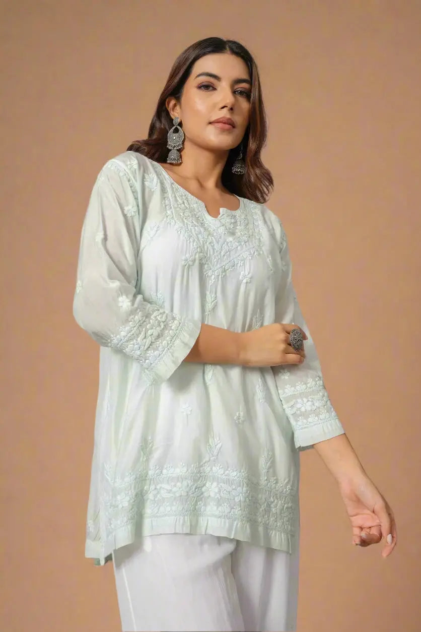 Mint Green Chikankari Muslin Short Kurta The House of Indu