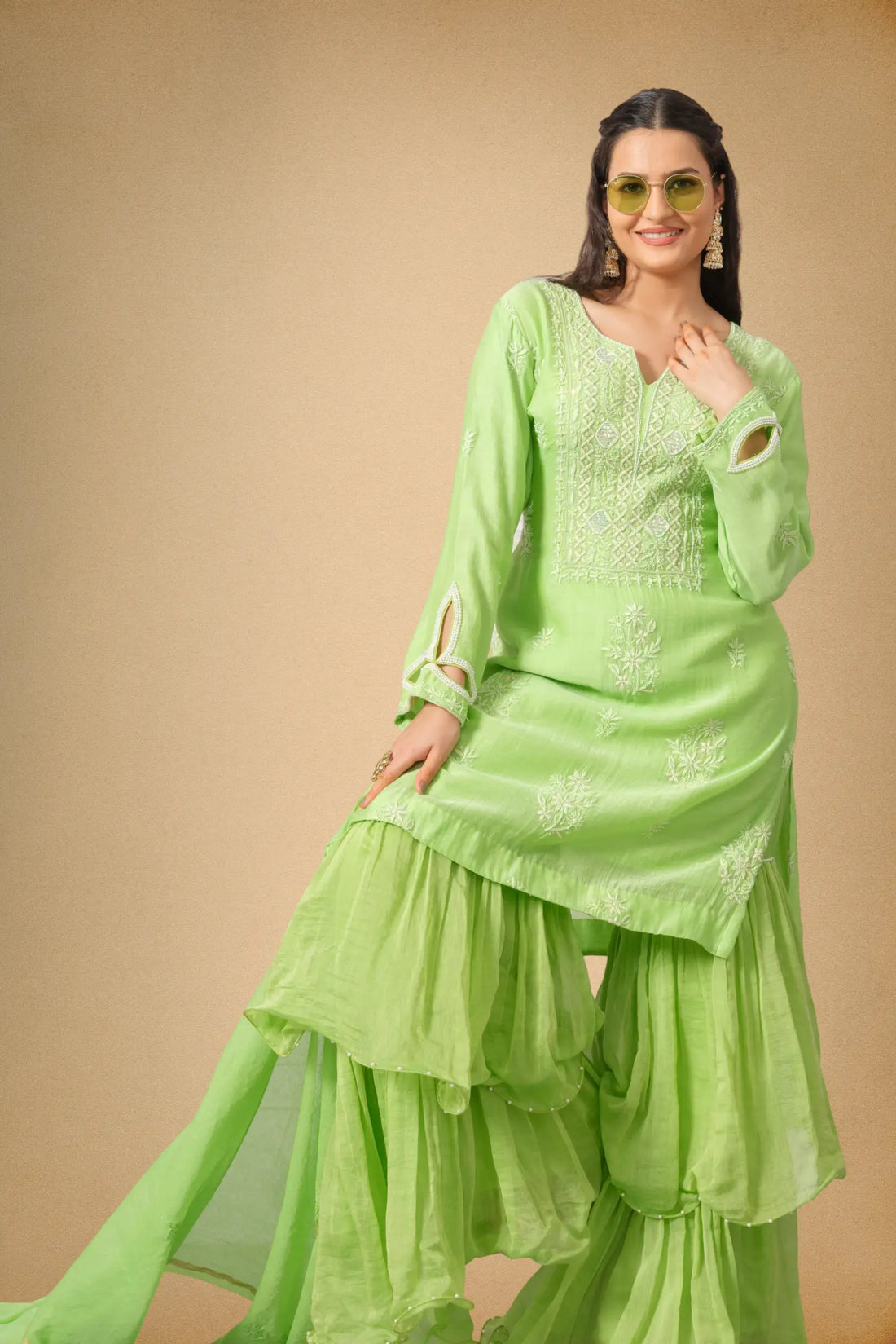 Parrot Green Mul Chanderi Sharara Set with Intricate Paisley Embroidery and Pearl Detailing The House of Indu