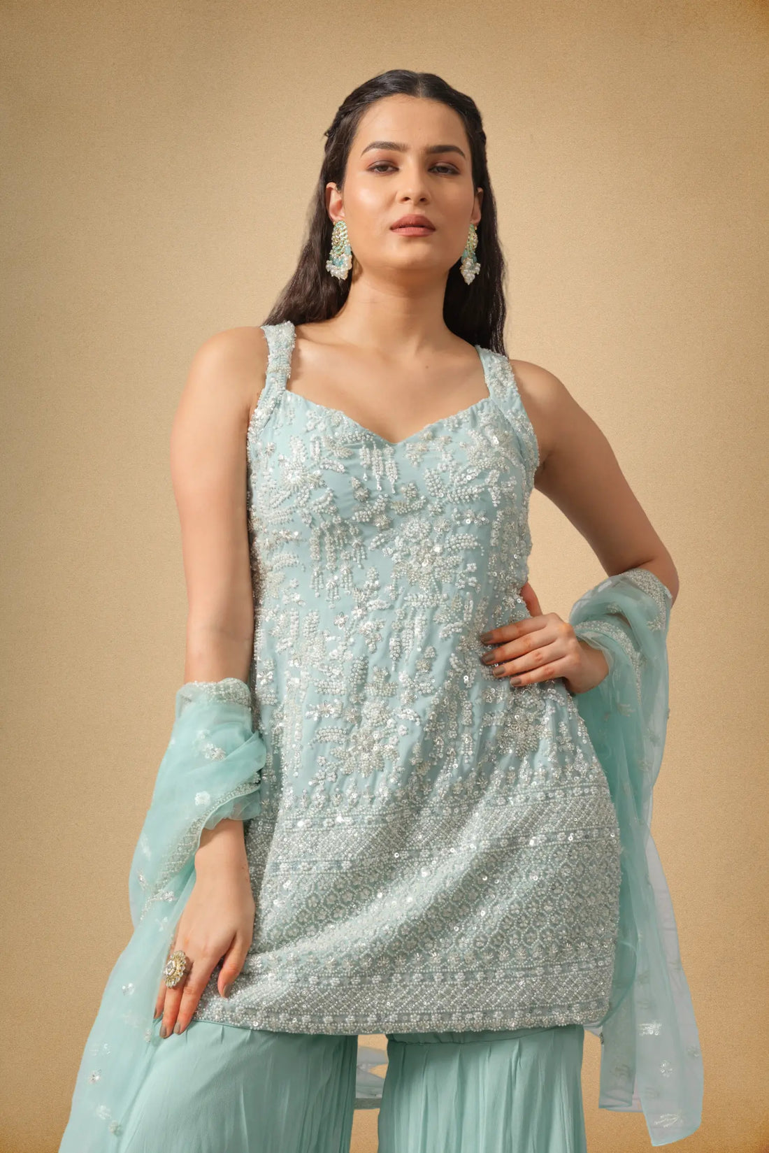 Pastel Mint Kurti Sharara Set with Cut Dana and Sequin Embroidery The House of Indu