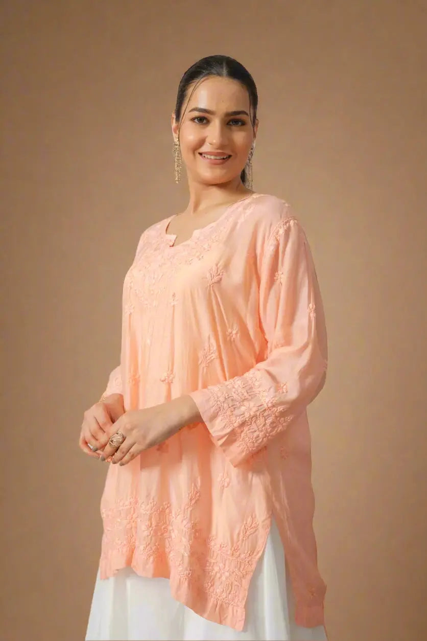 Peach Chikankari Muslin Short Kurta - The House of Indu