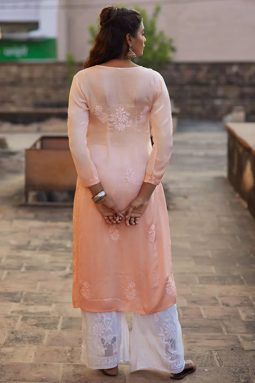 Peach Ombre Straight Kurti With Chikankari Embroidery | Saadgi The House of Indu