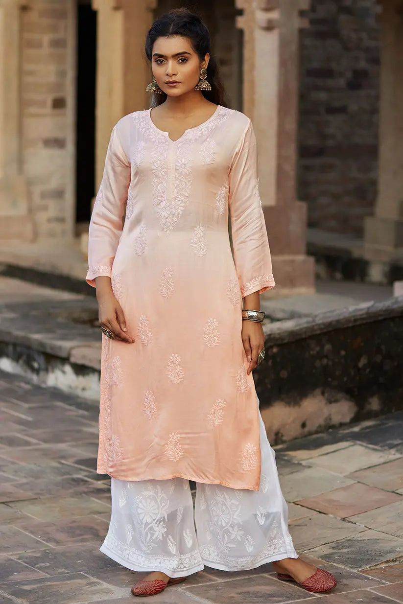 Peach Ombre Straight Kurti With Chikankari Embroidery | Saadgi The House of Indu