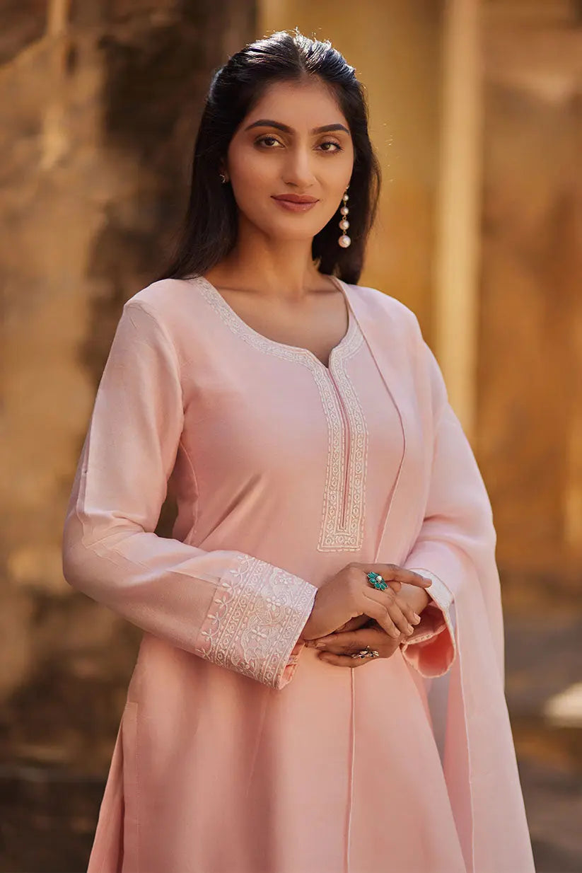 Pink Chanderi Kurti Set With Embroidered Border | Saadgi The House of Indu