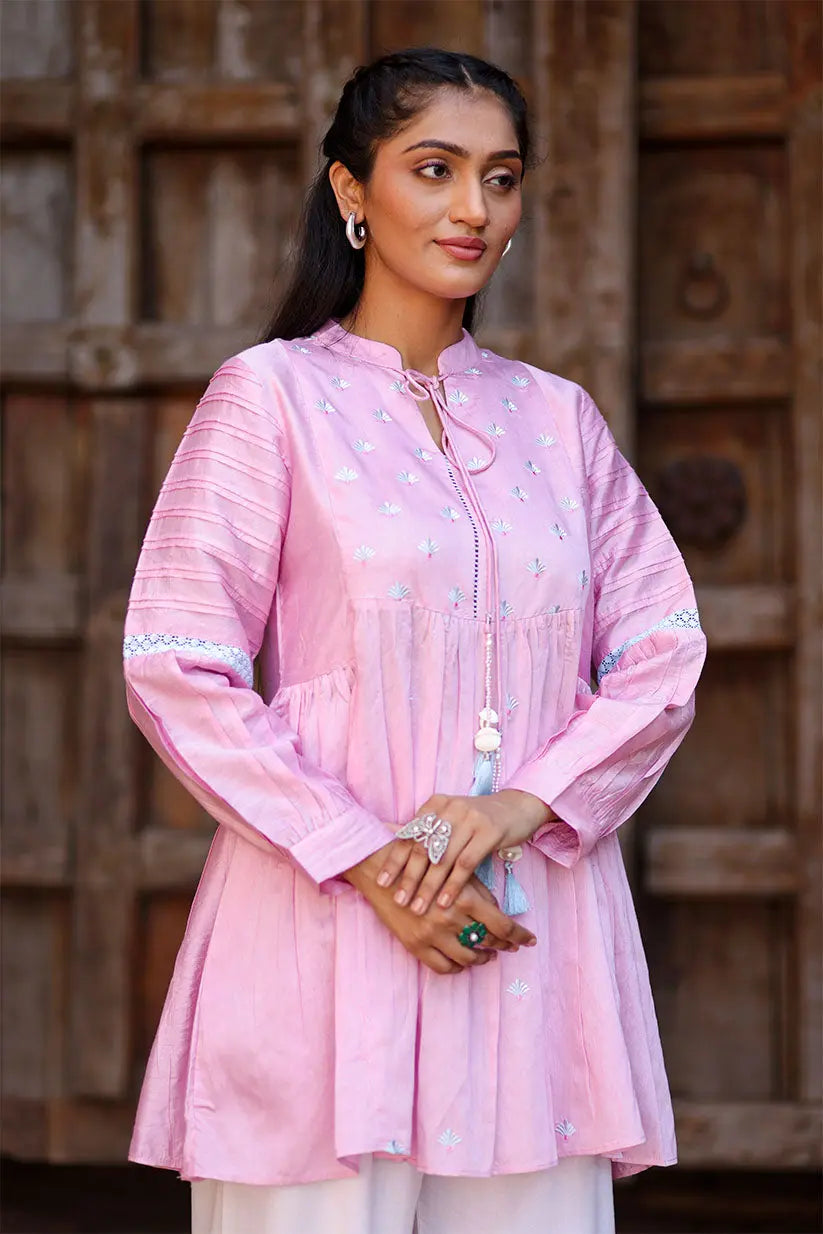 Pink Chanderi Short Kurti With Gather And Embroidered Motif | Saadgi The House of Indu