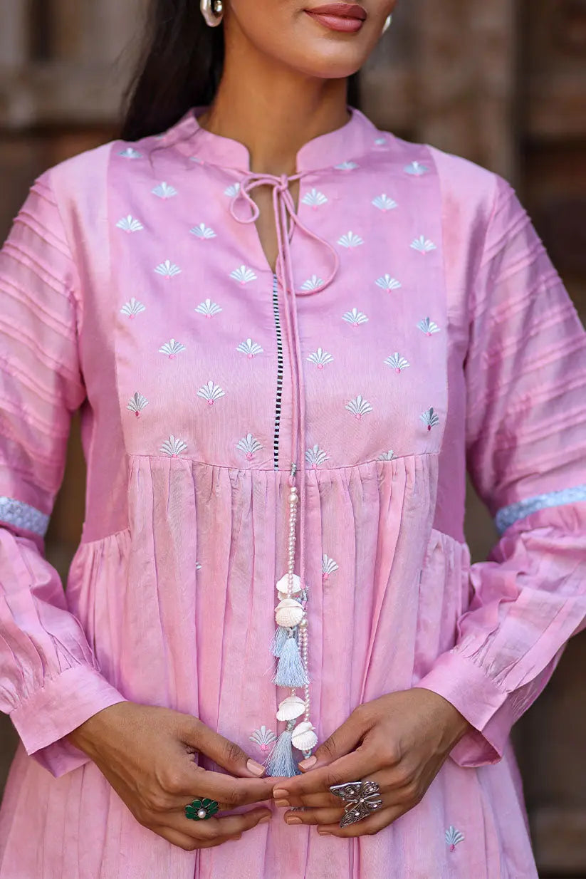 Pink Chanderi Short Kurti With Gather And Embroidered Motif | Saadgi The House of Indu