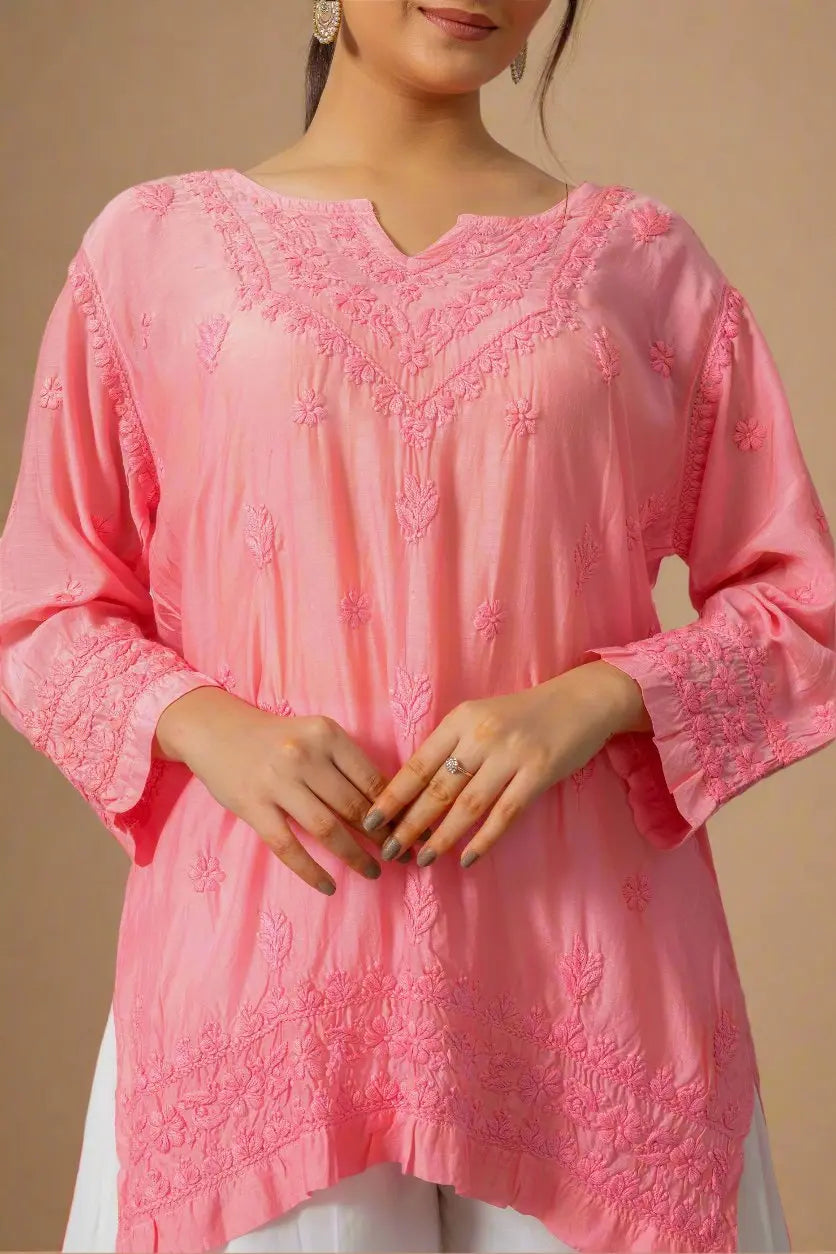 Pink Chikankari Muslin Short Kurta The House of Indu