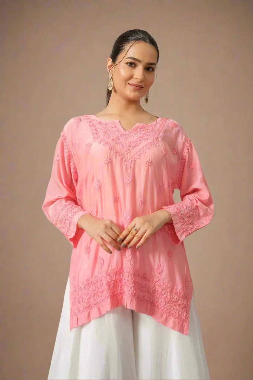 Pink Chikankari Muslin Short Kurta The House of Indu