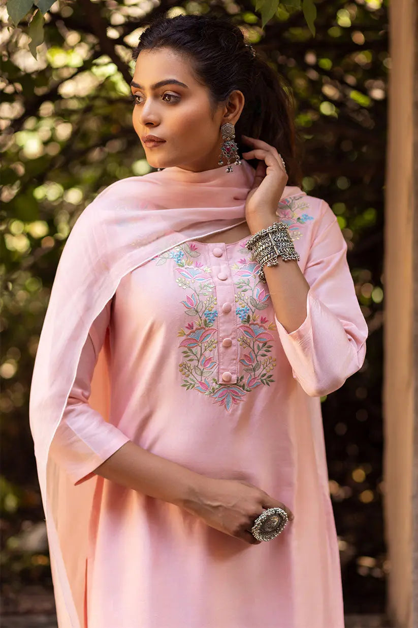 Pink Kurti Set With Machine Embroidery | Saadgi The House of Indu