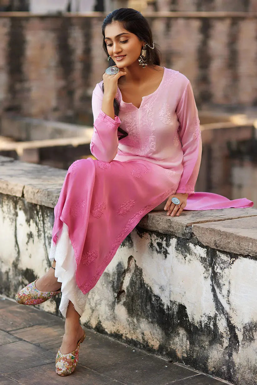 Pink Ombre Straight Kurti With Chikankari Embroidery | Saadgi The House of Indu