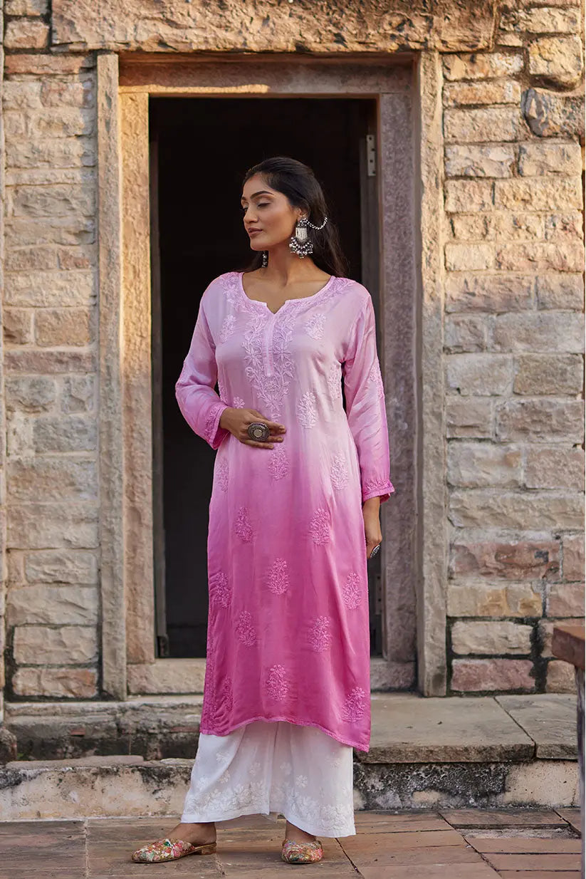 Pink Ombre Straight Kurti With Chikankari Embroidery | Saadgi The House of Indu