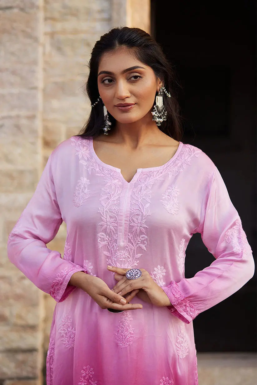 Pink Ombre Straight Kurti With Chikankari Embroidery | Saadgi The House of Indu