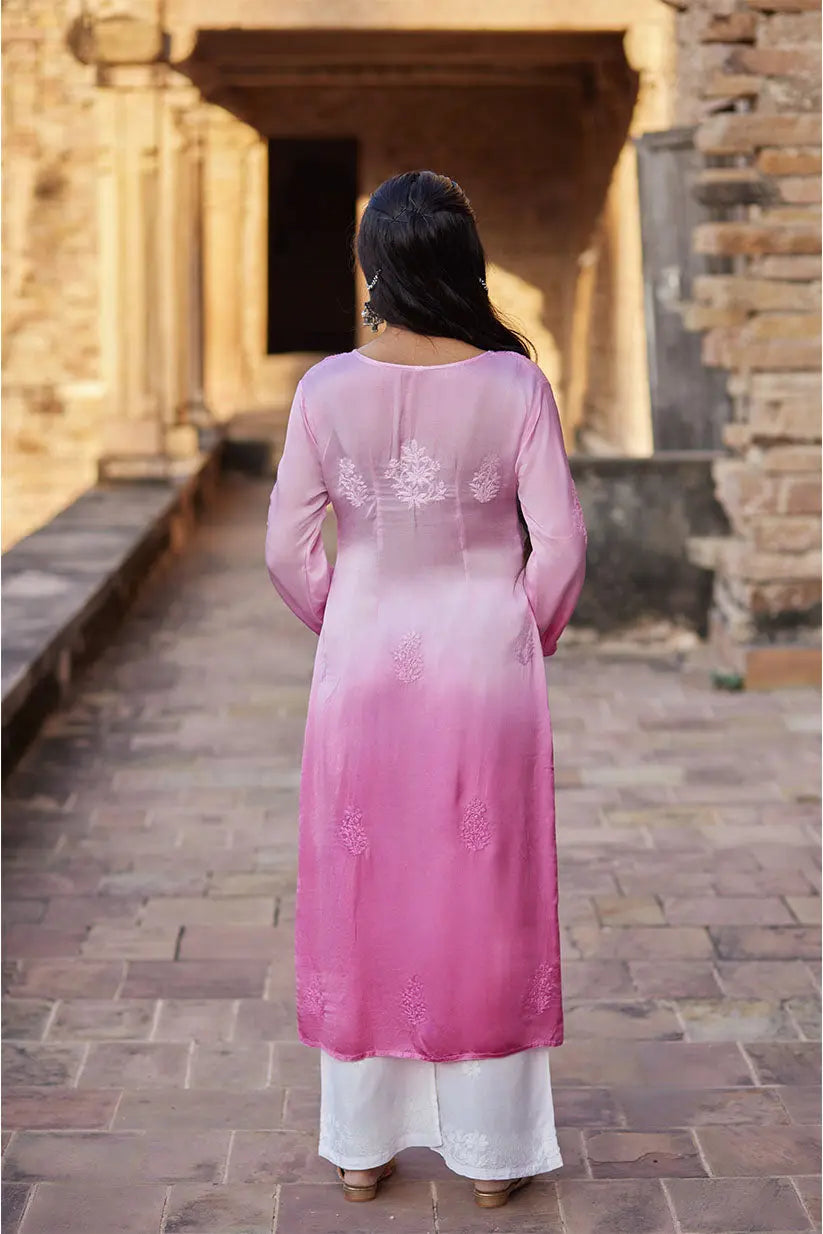 Pink Ombre Straight Kurti With Chikankari Embroidery | Saadgi The House of Indu