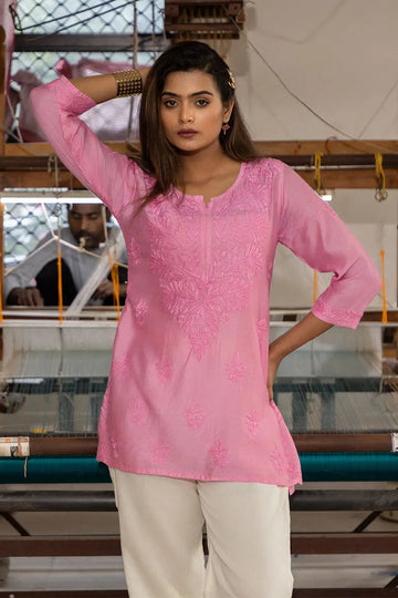 Pink Straight Short Kurti With Chikankari | Saadgi The House of Indu