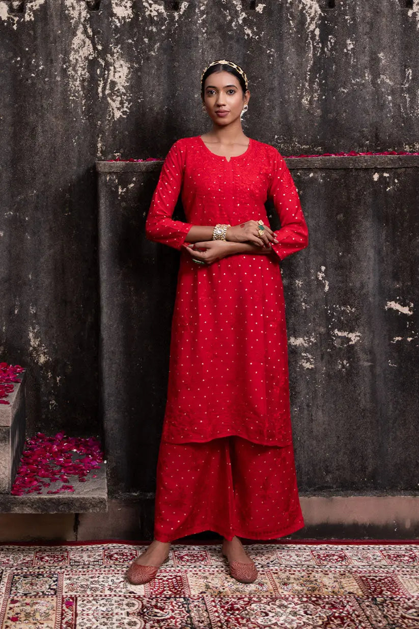 Red Chanderi Suit Set With Chikankari And Banarasi Butti | Saadgi The House of Indu