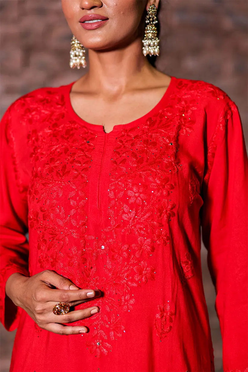 Red Kurta Set With Chikankari And Mukaish Work | Saadgi The House of Indu