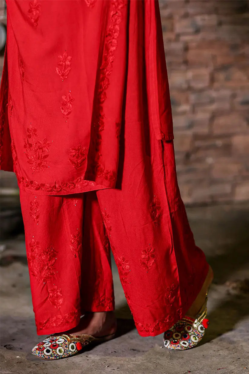 Red Kurta Set With Chikankari And Mukaish Work | Saadgi The House of Indu