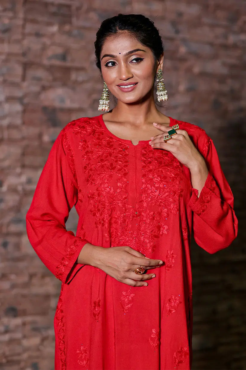 Red Kurta Set With Chikankari And Mukaish Work | Saadgi The House of Indu