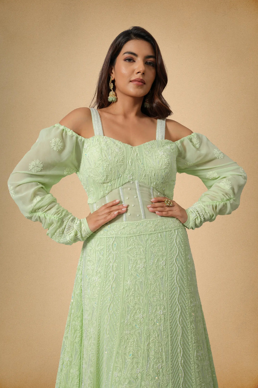 Regal Mint Green Anarkali with Floral Motifs and Intricate Cutdana, Beading, and Sequins The House of Indu