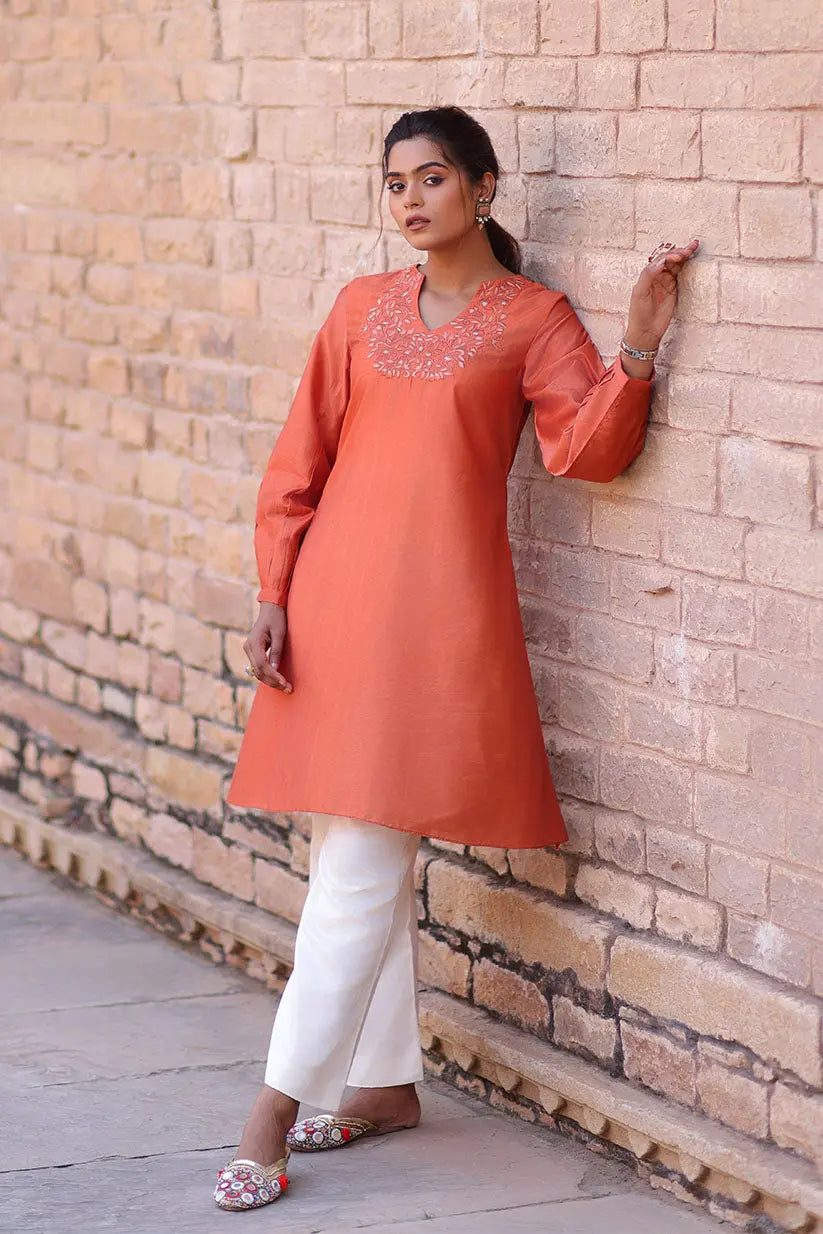 Rust A-Line Short Kurti With Embroidered Neckline | Saadgi The House of Indu