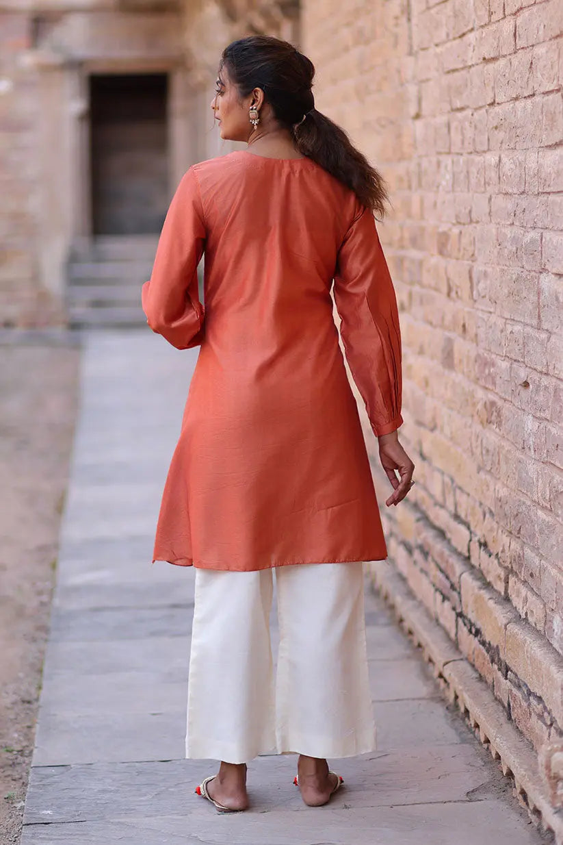 Rust A-Line Short Kurti With Embroidered Neckline | Saadgi The House of Indu