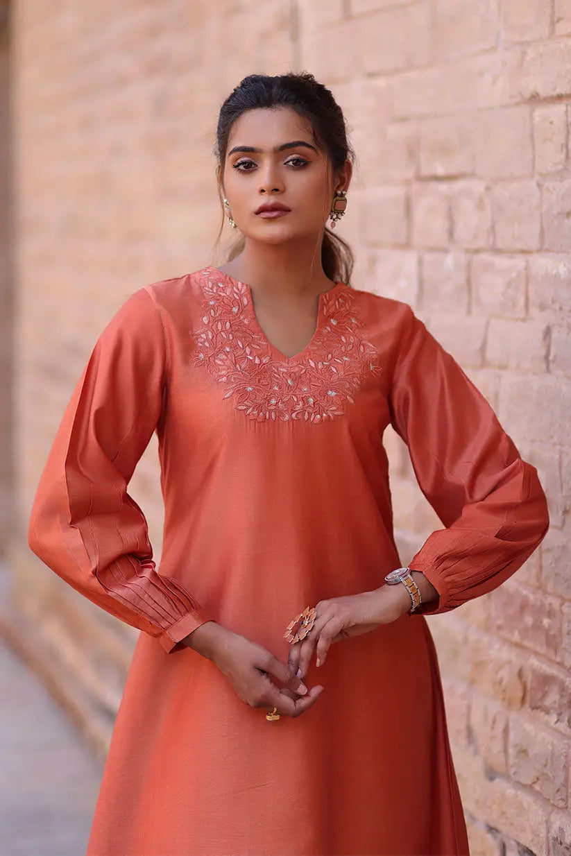 Rust A-Line Short Kurti With Embroidered Neckline | Saadgi The House of Indu