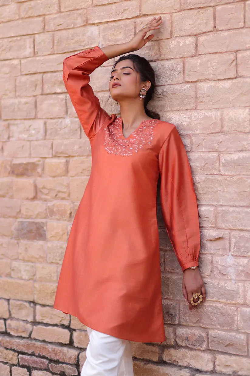 Rust A-Line Short Kurti With Embroidered Neckline | Saadgi The House of Indu