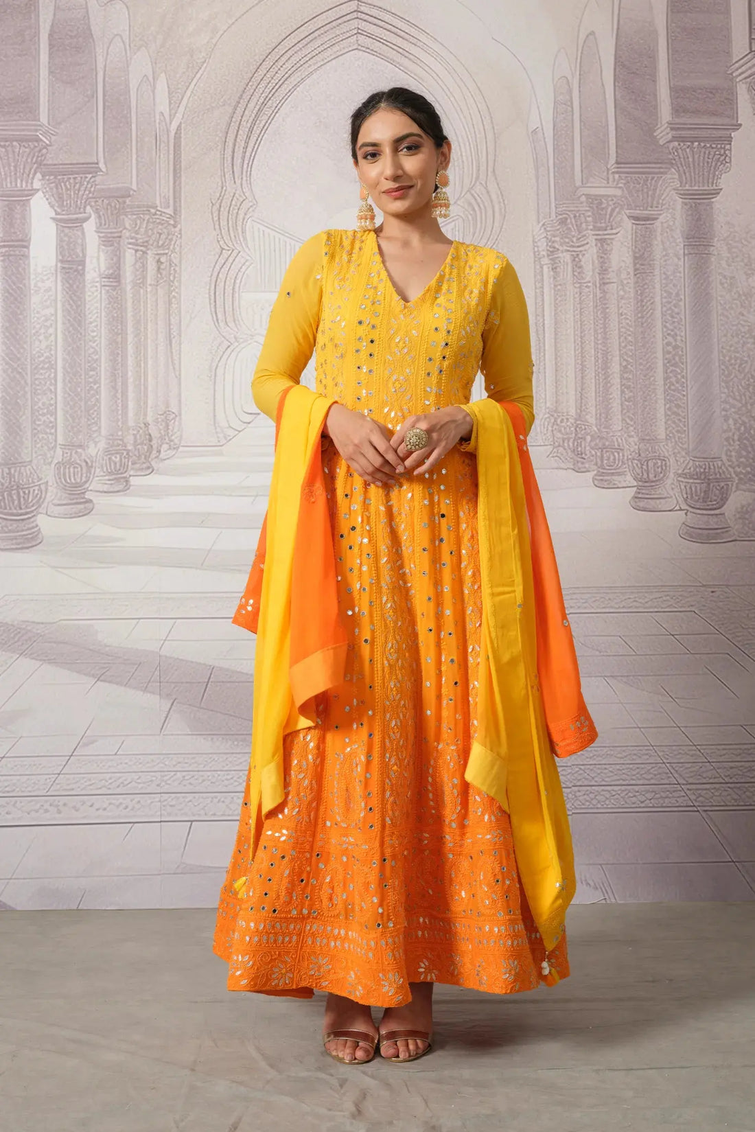 Sunset Yellow Mirrorwork Anarkali with Ombre Dupatta The House of Indu