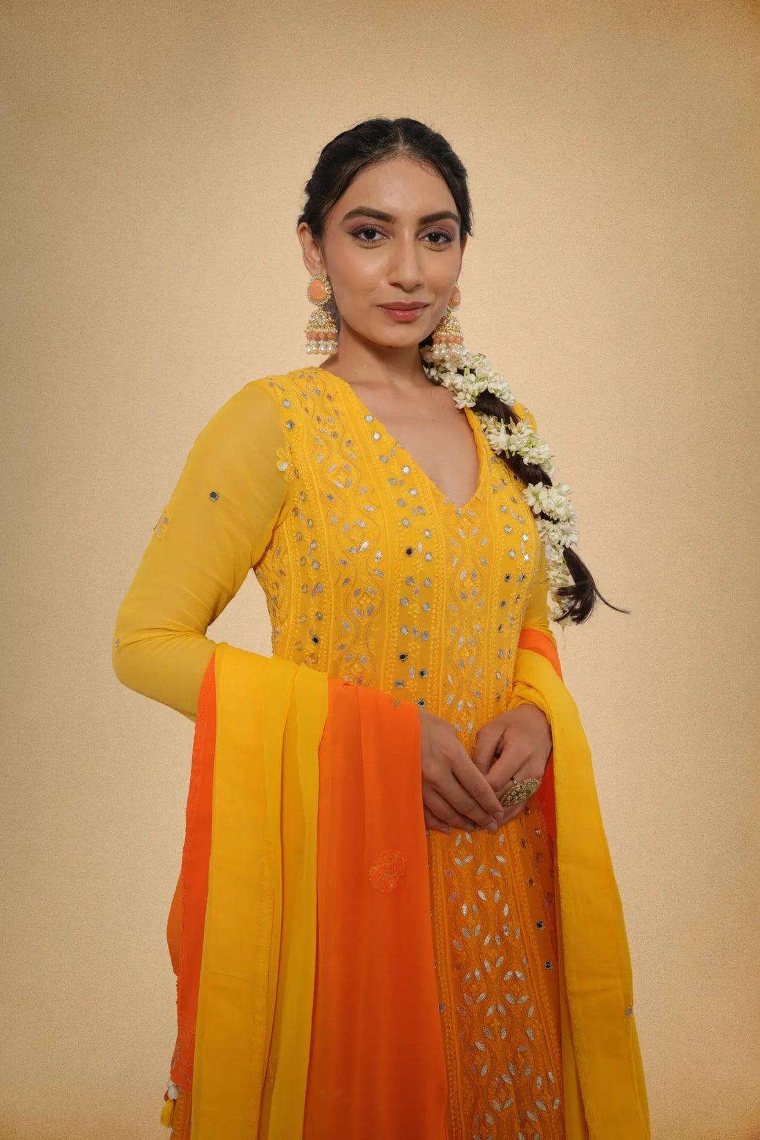 Sunset Yellow Mirrorwork Anarkali with Ombre Dupatta The House of Indu