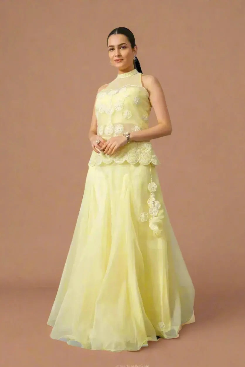 Vibrant Lemon Yellow Organza Skirt and Embroidered Top Set - The House of Indu