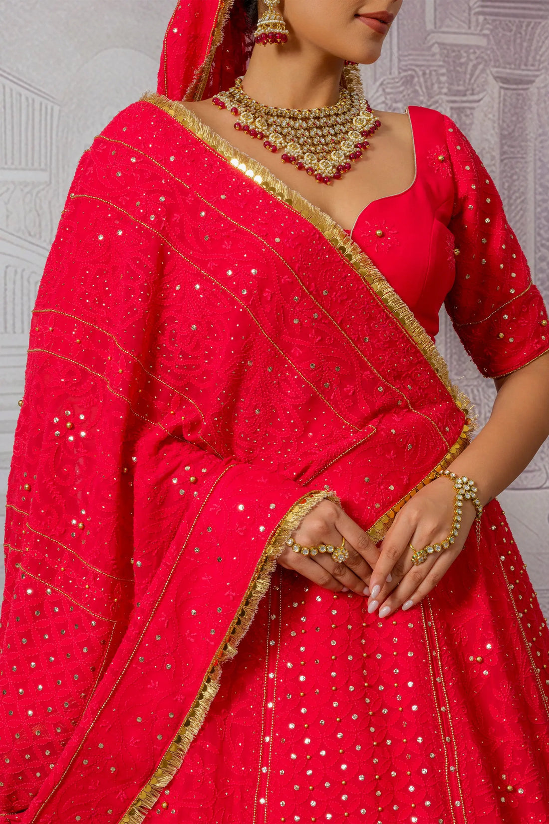 Vibrant Red Bridal Lehenga with Mirrorwork and Golden Zari Embroidery The House of Indu