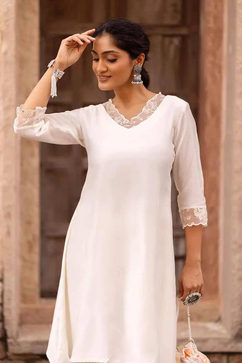 White Chanderi A-Line Kurta set With Organza Embroidered Neckline | Saadgi The House of Indu