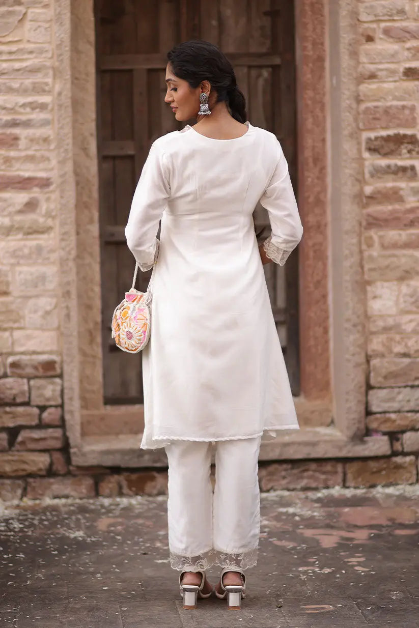 White Chanderi A-Line Kurta set With Organza Embroidered Neckline | Saadgi The House of Indu