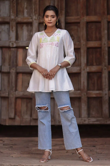 White Chanderi Short Kurti With Mirror Work And Embroidered Yoke | Saadgi The House of Indu