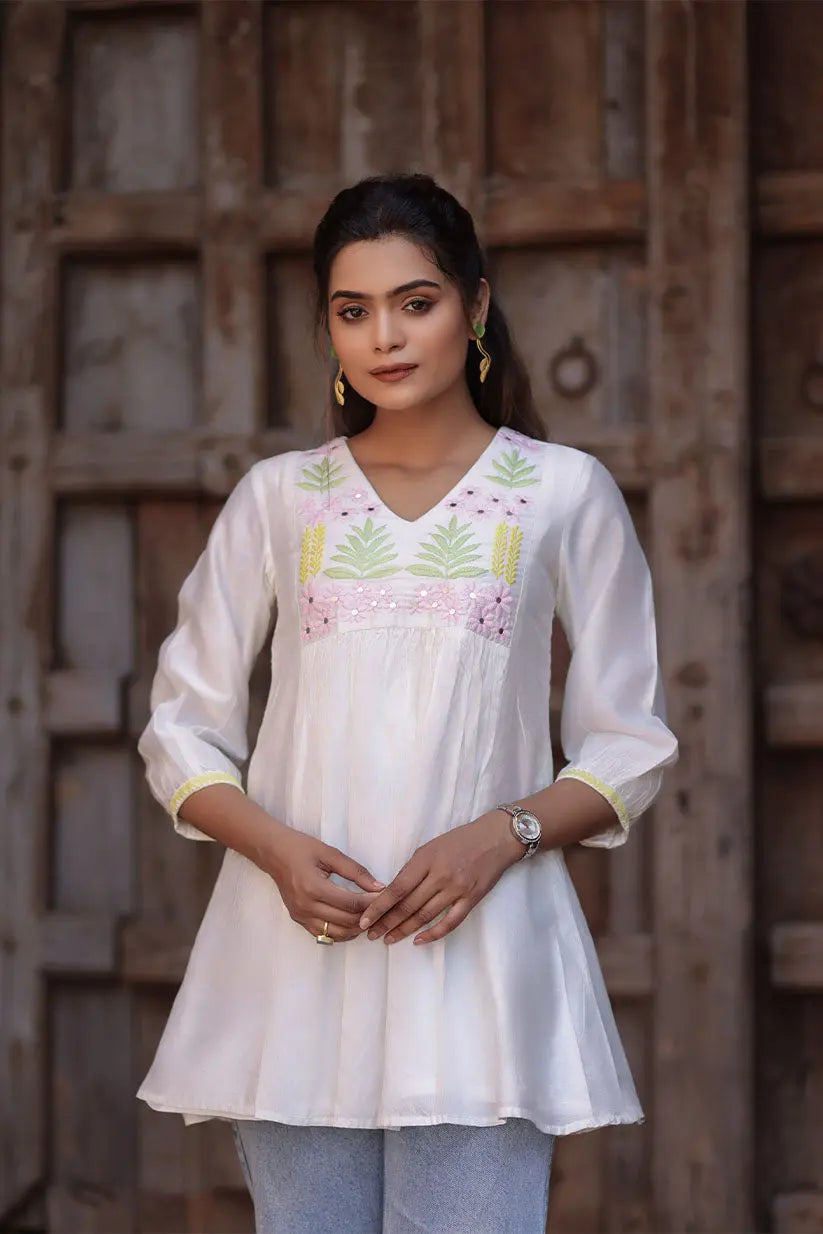 White Chanderi Short Kurti With Mirror Work And Embroidered Yoke | Saadgi The House of Indu