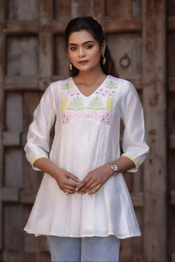 White Chanderi Short Kurti With Mirror Work And Embroidered Yoke | Saadgi The House of Indu