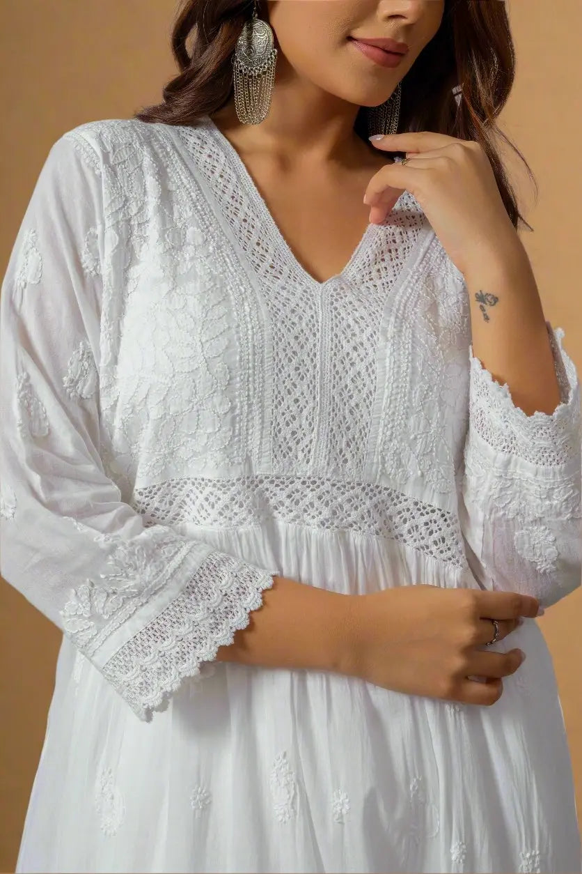 White Cotton Chikankari Kurta with Lace Detailing The House of Indu